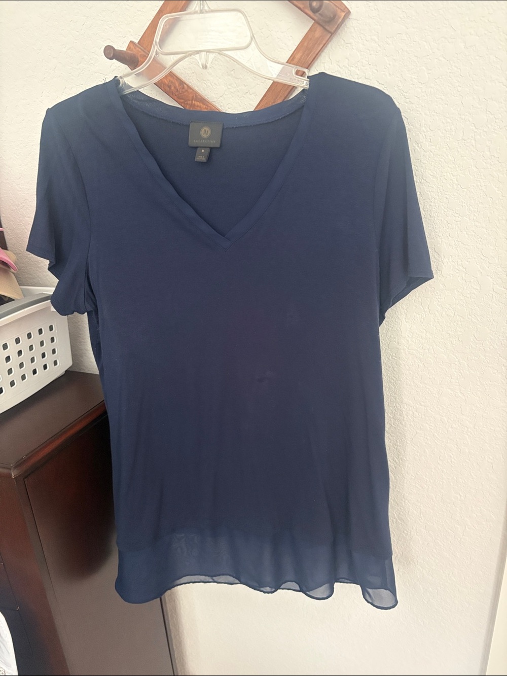 JM Collection Navy V-Neck Short Sleeve Layered-Hem Blouse